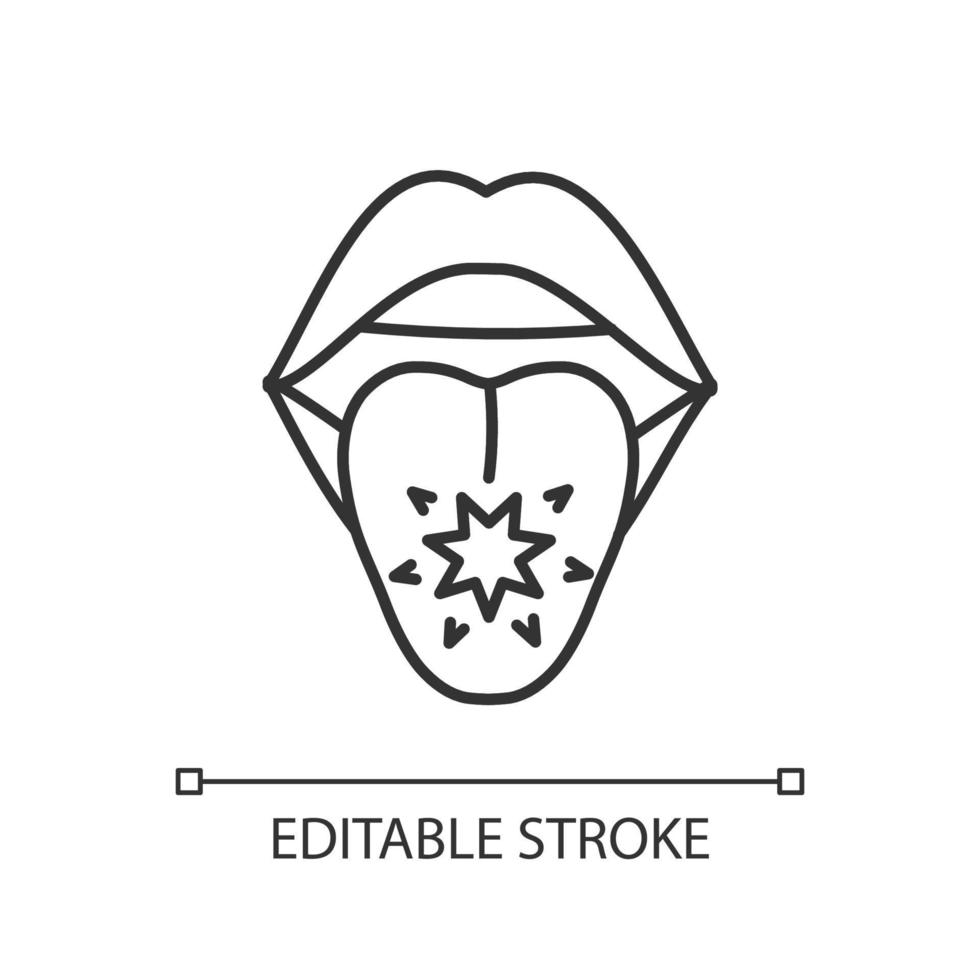 Tongue cancer linear icon. Malignant tumors and sores. Mouth and oral cancer. Abnormal cells growth. Thin line illustration. Contour symbol. Vector outline drawing. Editable stroke.