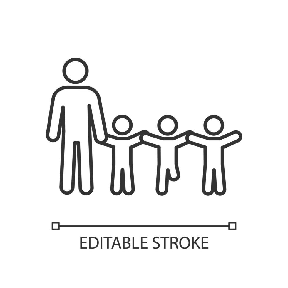 Inclusive education teacher linear icon. Teach kid with disability. Common environment. Thin line illustration. Contour symbol. Vector outline drawing. Editable stroke.