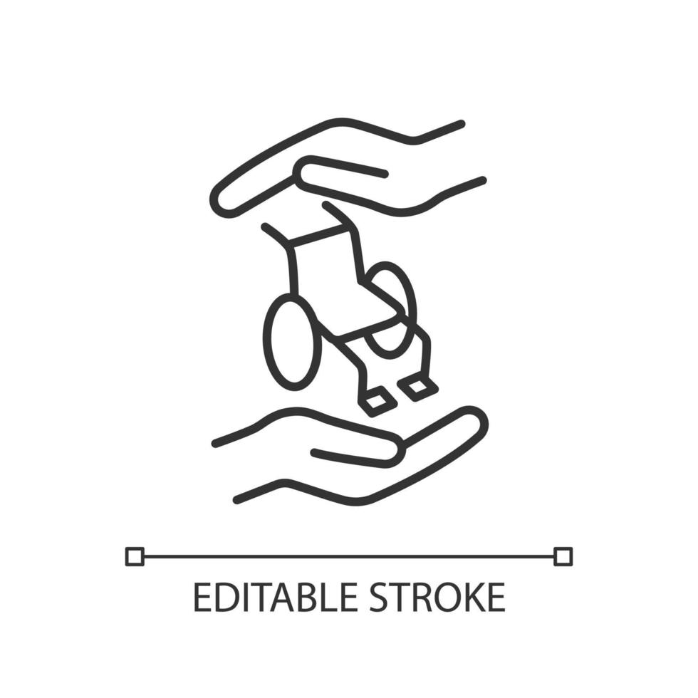 Support people with disabilities linear icon. Equal opportunities for special needs children. Thin line illustration. Contour symbol. Vector outline drawing. Editable stroke.