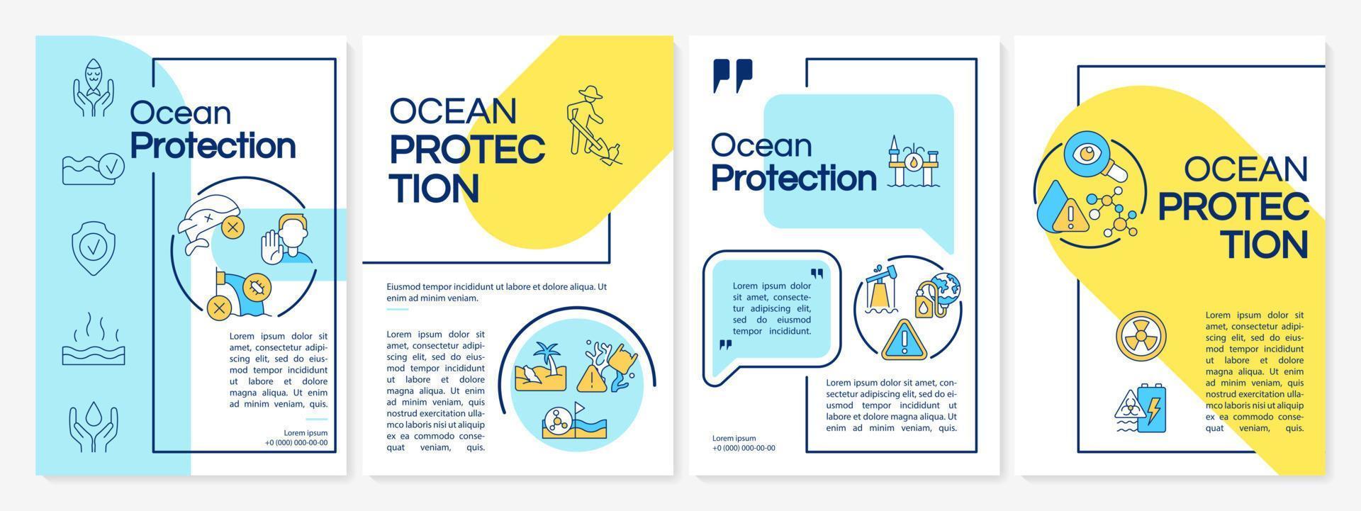 plantilla de folleto azul y amarillo de conservación del océano. protección de las áreas marinas. diseño de folletos con iconos lineales. 4 diseños vectoriales para presentación, informes anuales. vector