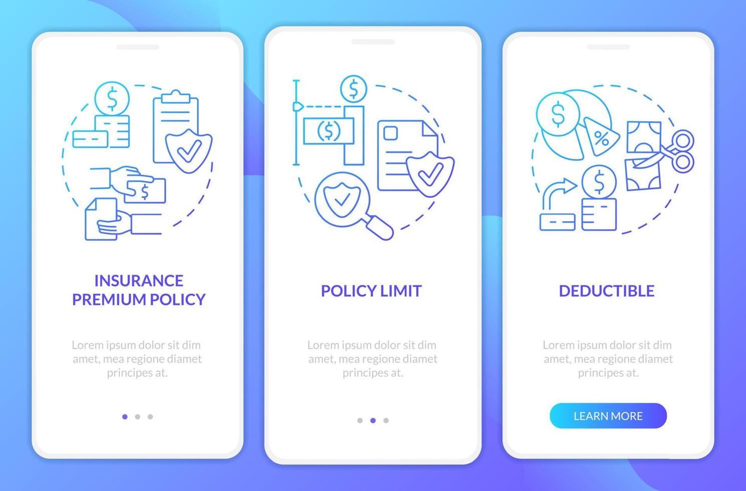 Insurance components blue gradient onboarding mobile app screen. Cover walkthrough 3 steps graphic instructions pages with linear concepts. UI, UX, GUI template. vector