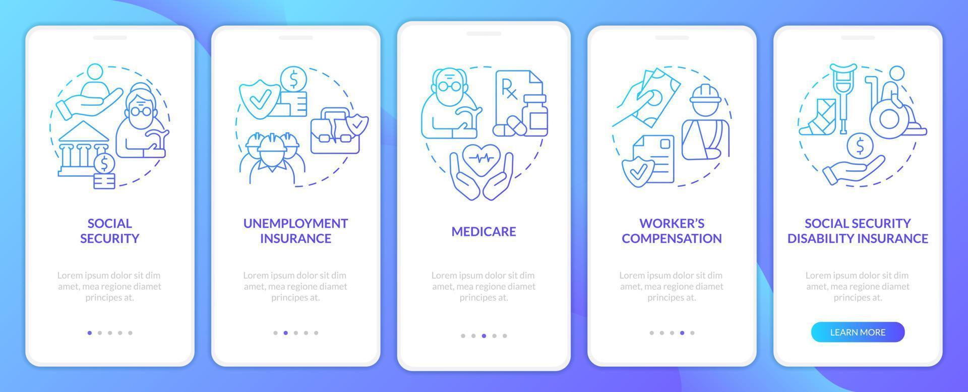 Federal social insurance blue gradient onboarding mobile app screen. Walkthrough 5 steps graphic instructions pages with linear concepts. UI, UX, GUI template. vector