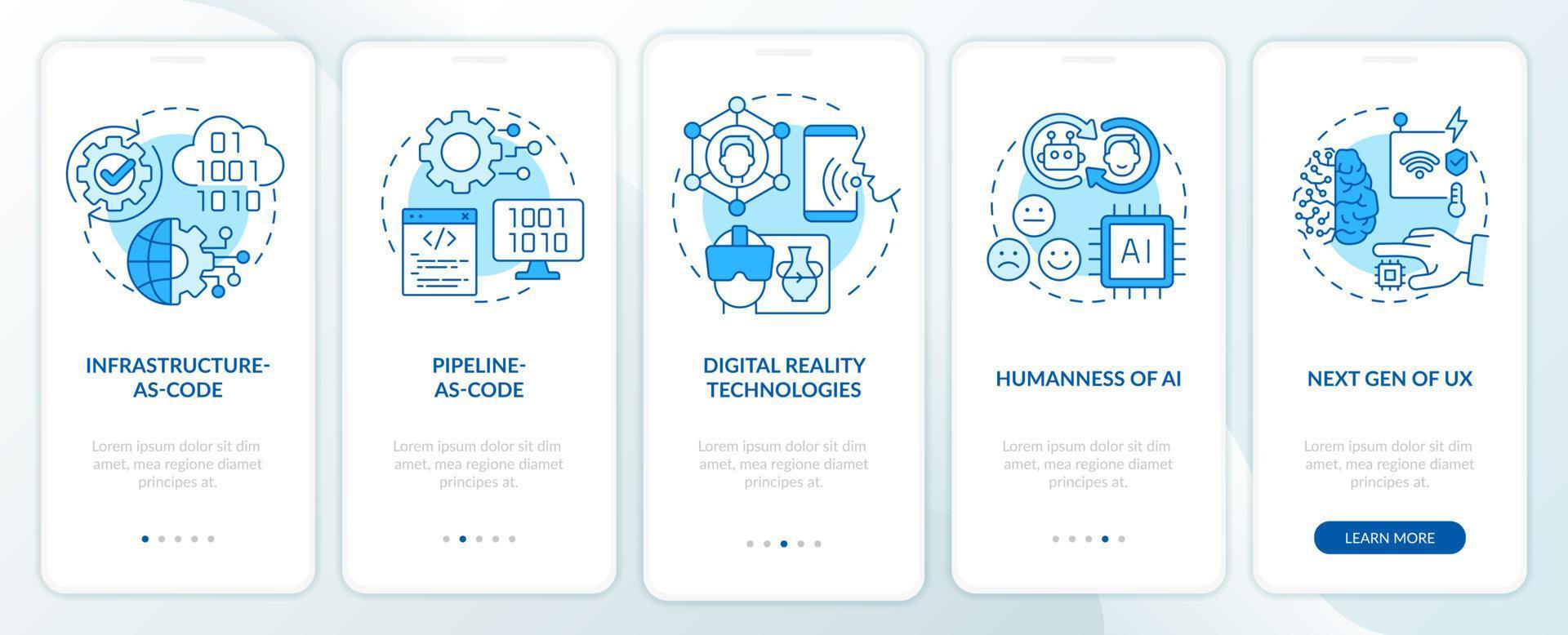 Tech macro trends blue onboarding mobile app screen. Digital systems walkthrough 5 steps graphic instructions pages with linear concepts. UI, UX, GUI template. vector
