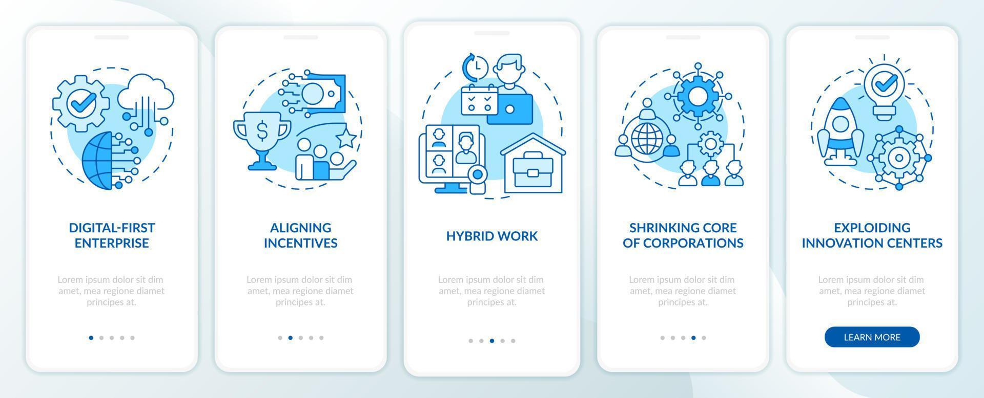 Trends in enterprise blue onboarding mobile app screen. Business walkthrough 5 steps graphic instructions pages with linear concepts. UI, UX, GUI template. vector