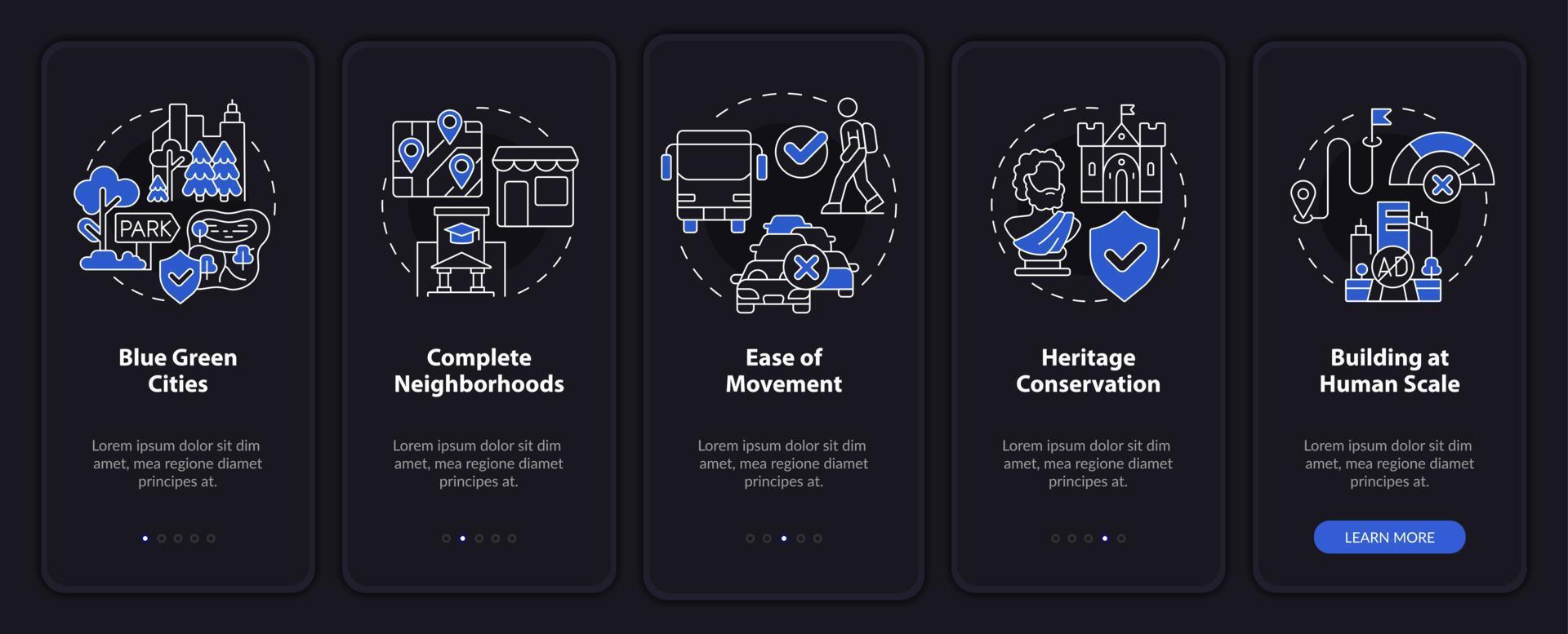 Urban design principles night mode onboarding mobile app screen. City walkthrough 5 steps graphic instructions pages with linear concepts. UI, UX, GUI template. vector