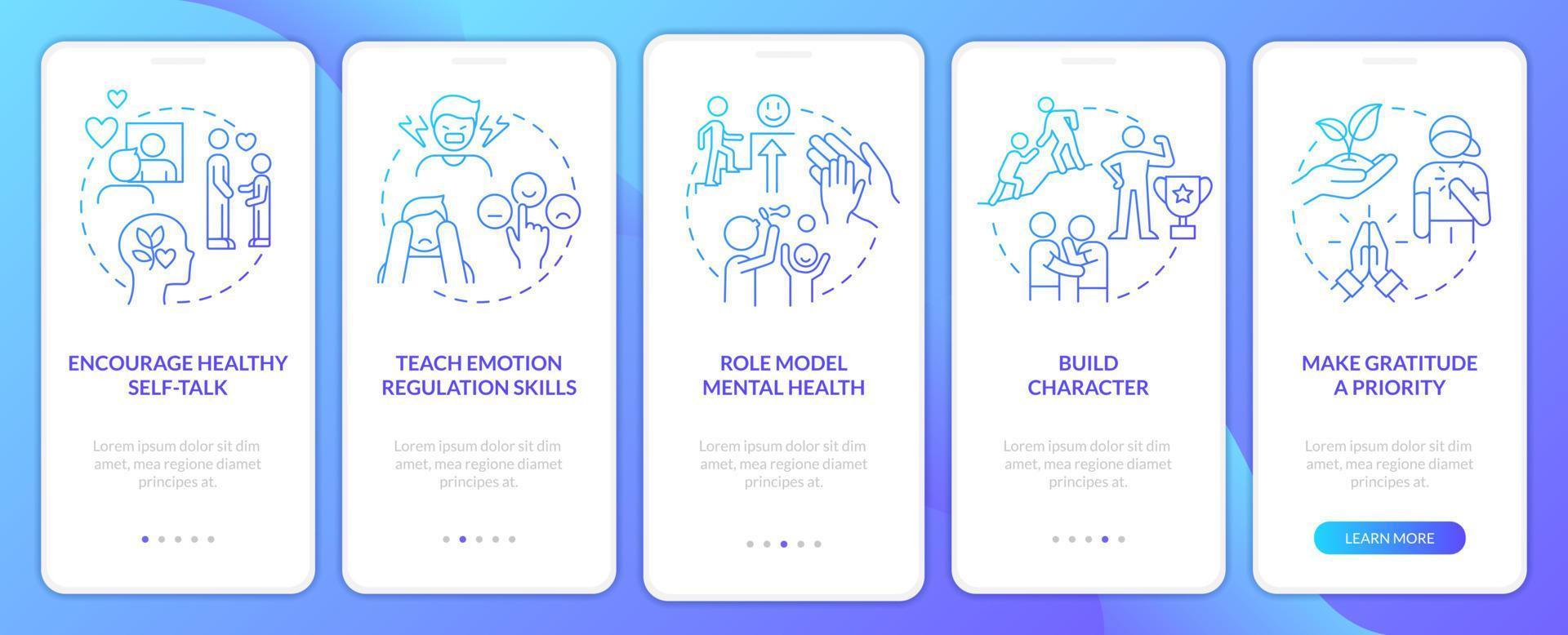 Kids mental toughness blue gradient onboarding mobile app screen. Walkthrough 5 steps graphic instructions pages with linear concepts. UI, UX, GUI template. vector