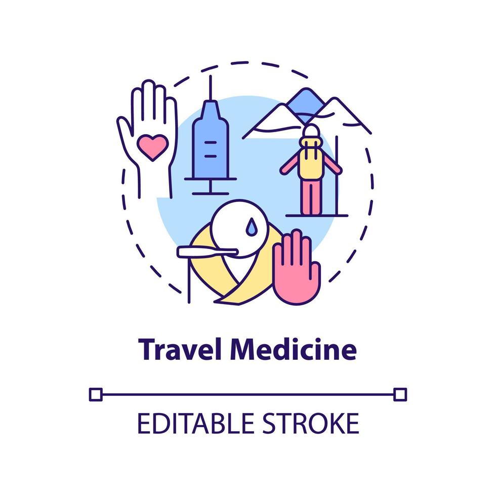 Travel medicine concept icon. Healthcare for tourists. Service of medical center abstract idea thin line illustration. Isolated outline drawing. Editable stroke. vector