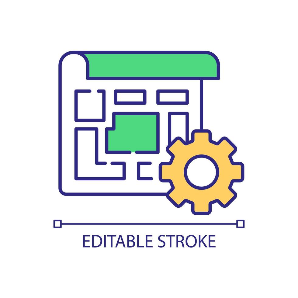 Urban area design RGB color icon. City plan blueprint and cogwheel. Infrastructure management program. Isolated vector illustration. Simple filled line drawing. Editable stroke.