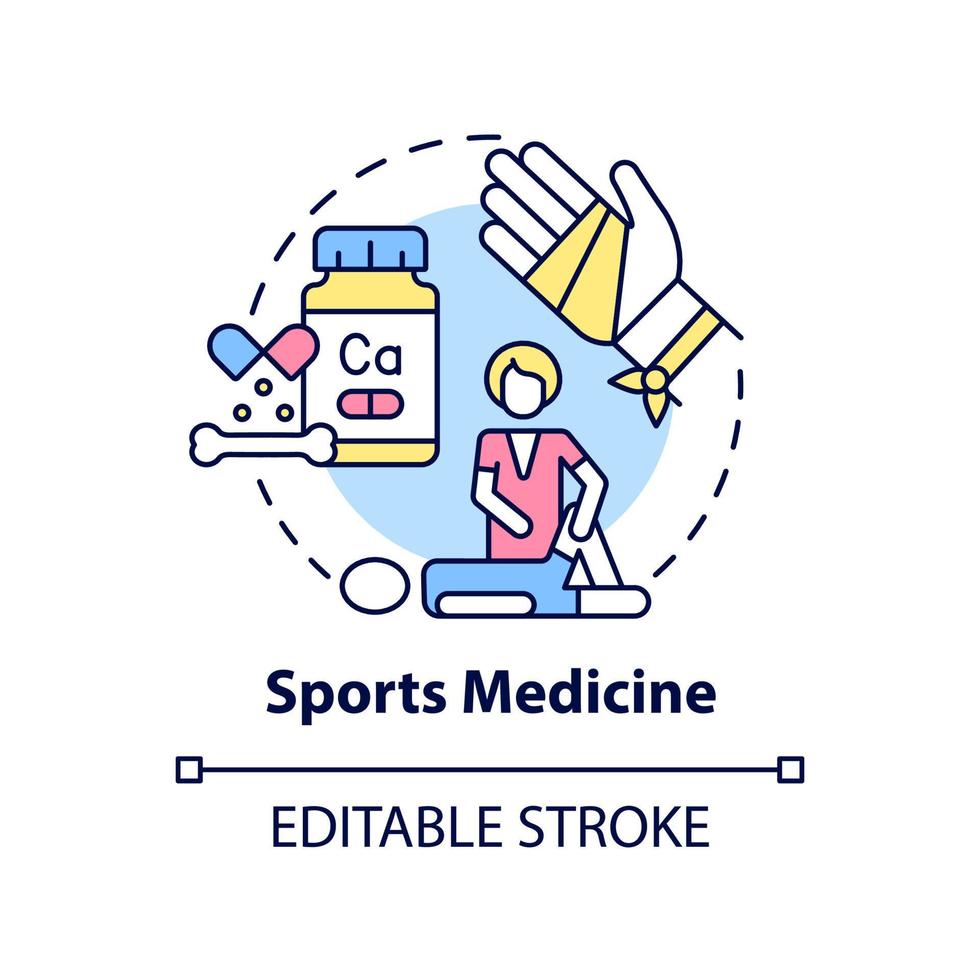 Sports medicine concept icon. Athlete support. Medical center service abstract idea thin line illustration. Isolated outline drawing. Editable stroke. vector