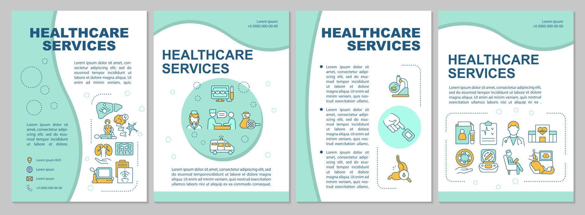 Healthcare services providing mint brochure template. Medical care. Leaflet design with linear icons. 4 vector layouts for presentation, annual reports.