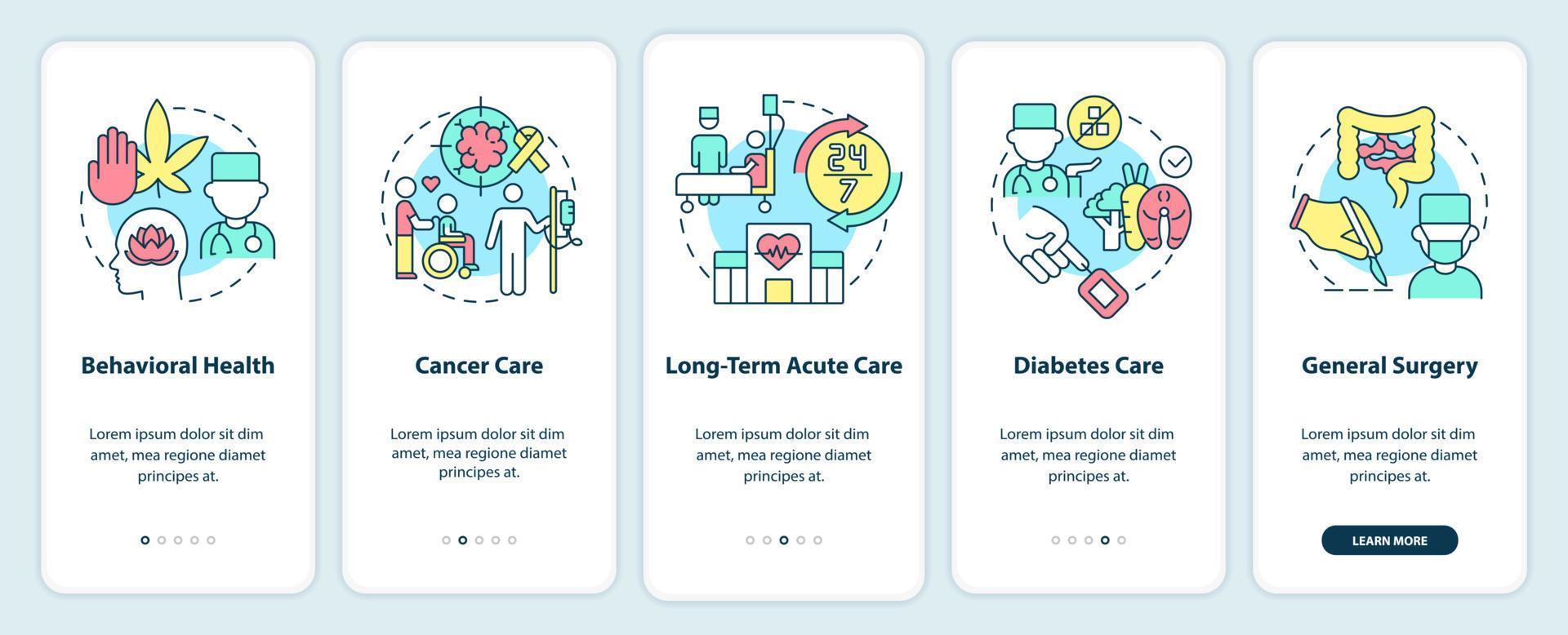 Types of medical services onboarding mobile app screen. Patient care walkthrough 5 steps graphic instructions pages with linear concepts. UI, UX, GUI template. vector