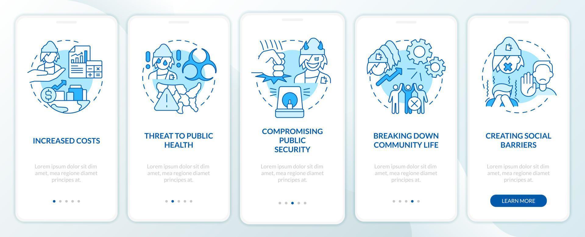 Social issues of homelessness blue onboarding mobile app screen. Walkthrough 5 steps graphic instructions pages with linear concepts. UI, UX, GUI template. vector