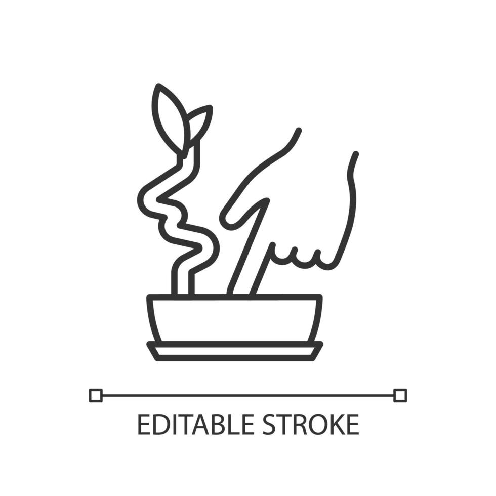 Touch to check moistured soil linear icon. Housplant watering and care. Indoor plant hydration. Thin line illustration. Contour symbol. Vector outline drawing. Editable stroke.