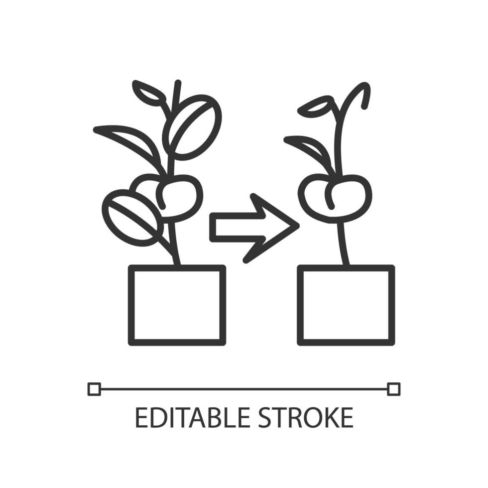 Withered plant linear icon. Fading and wilting flowers and houseplants. Indoor gardening hobby. Thin line illustration. Contour symbol. Vector outline drawing. Editable stroke.