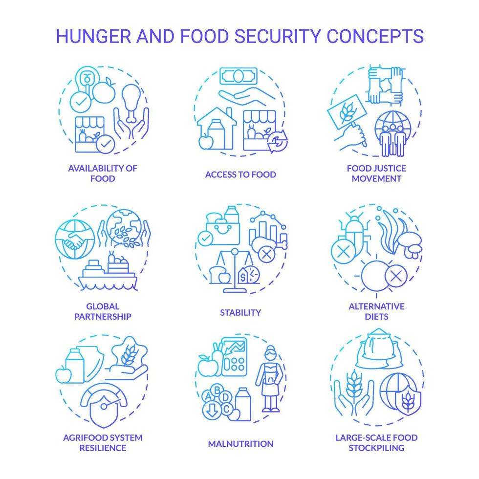 Hunger and food security blue gradient concept icons set. Food availability and accessibility idea thin line color illustrations. Isolated symbols. vector