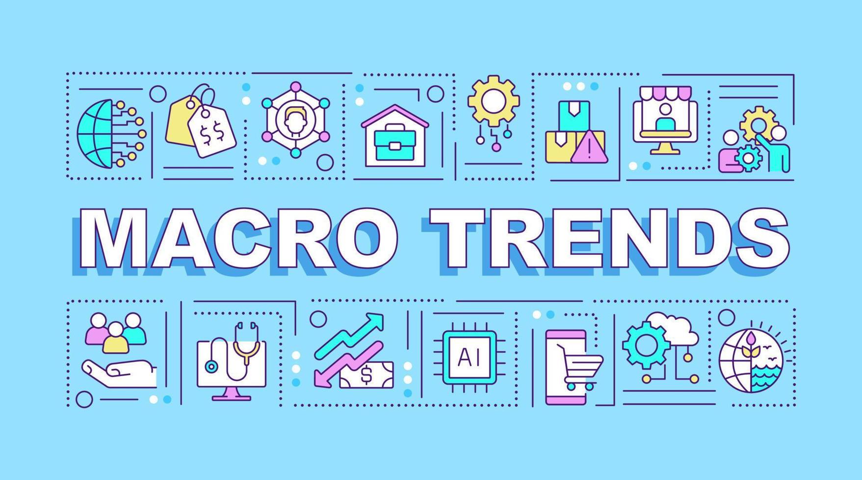 Macro trends word concepts blue banner. Innovation and growth. Infographics with icons on color background. Isolated typography. Vector illustration with text.