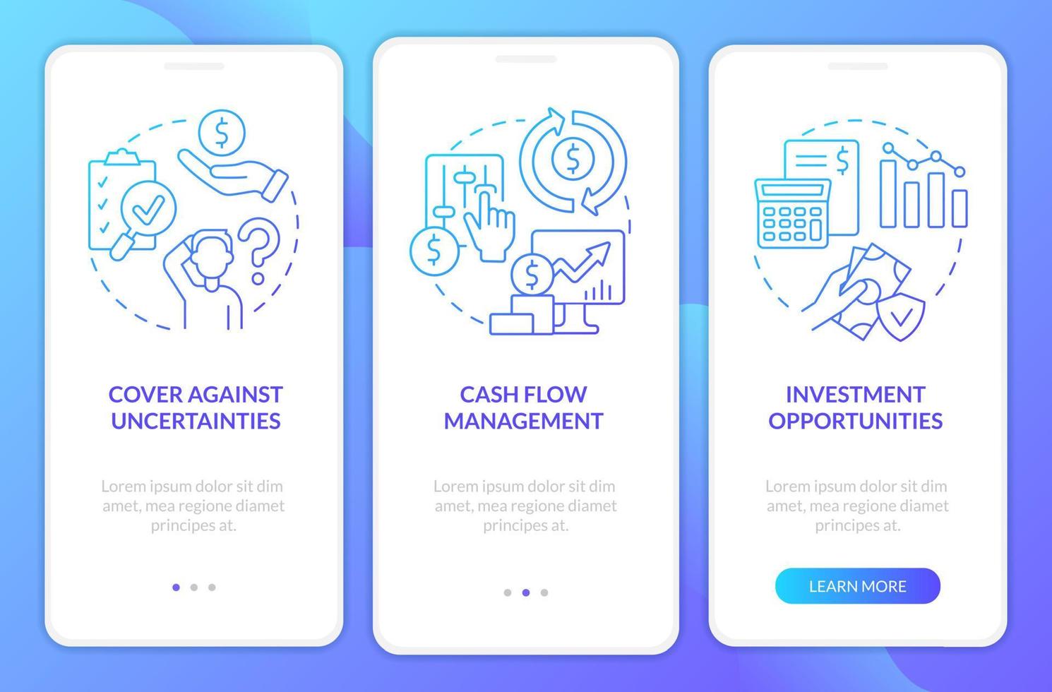 Benefits of insurance service blue gradient onboarding mobile app screen. Walkthrough 3 steps graphic instructions pages with linear concepts. UI, UX, GUI template. vector