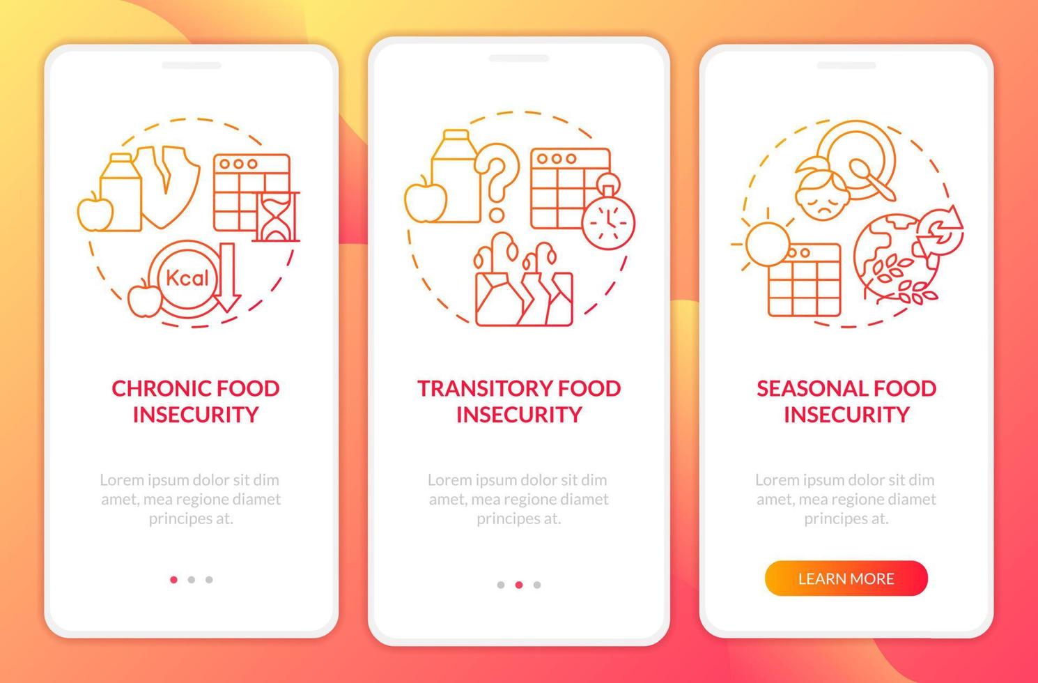 Types of food insecurity red gradient onboarding mobile app screen. Walkthrough 3 steps graphic instructions pages with linear concepts. UI, UX, GUI template. vector