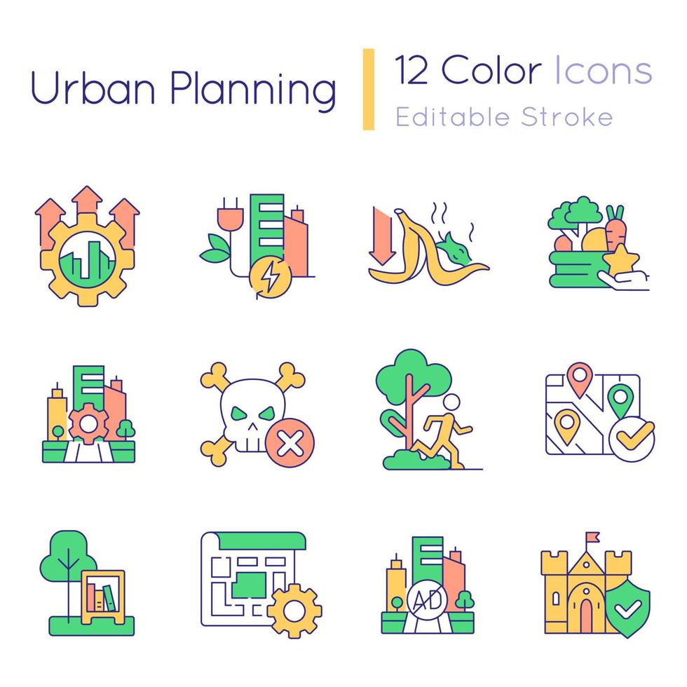 conjunto de iconos de color rgb de planificación urbana. estrategia de desarrollo de la ciudad. ideas de diseño sostenible. ilustraciones vectoriales aisladas. colección de dibujos de líneas llenas simples. fuente Quicksand-light utilizada vector