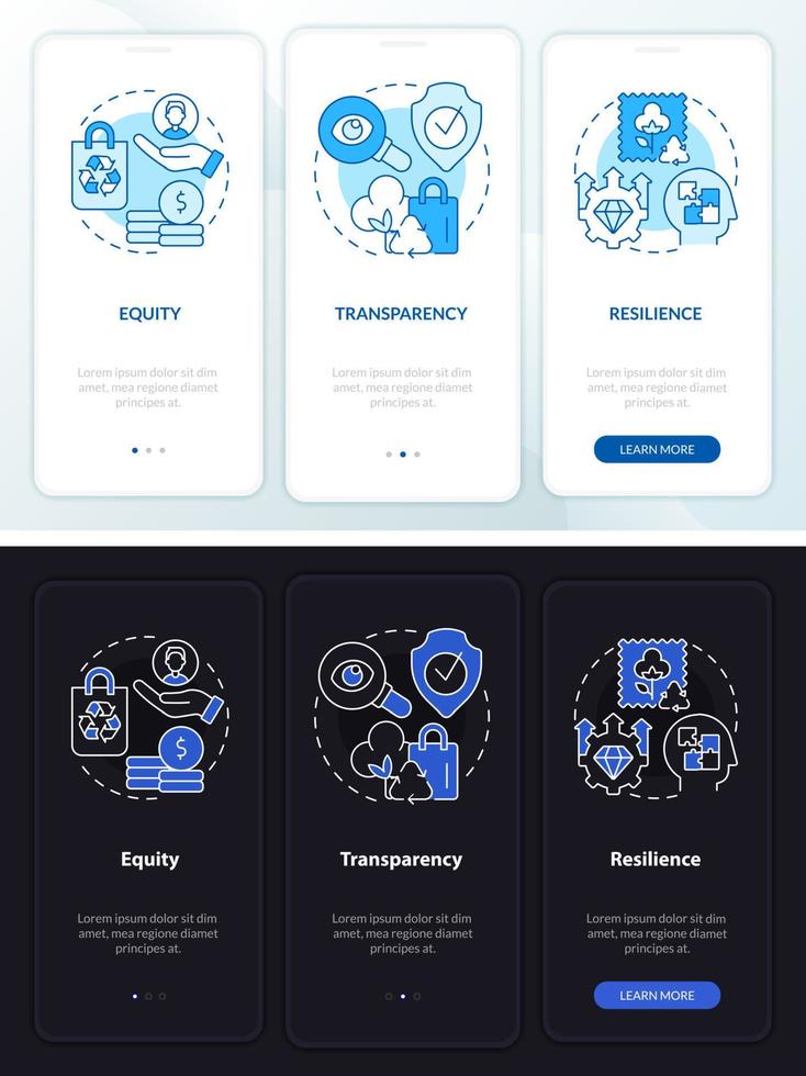 Emergent features night and day mode onboarding mobile app screen. Walkthrough 3 steps graphic instructions pages with linear concepts. UI, UX, GUI template. vector