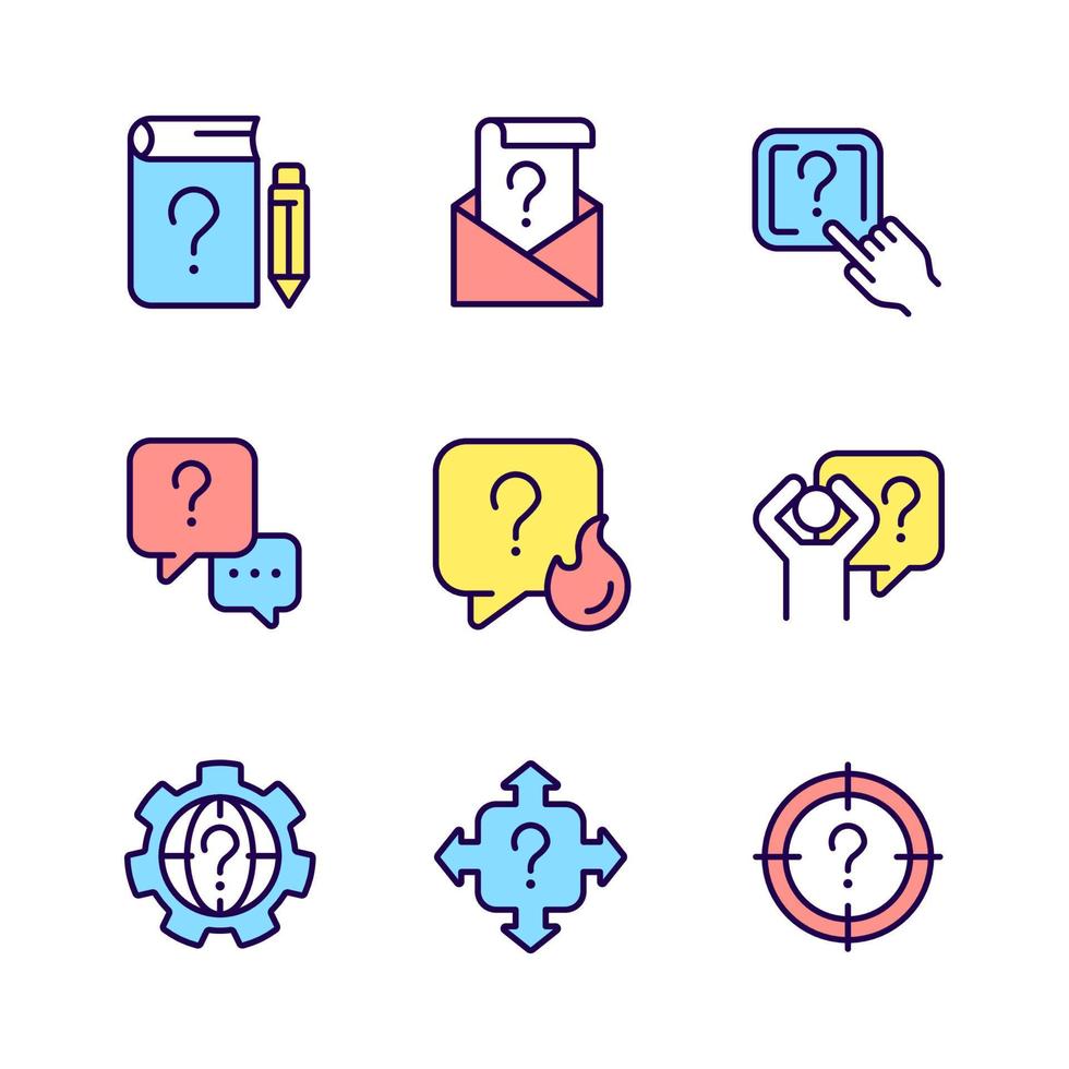 conjunto de iconos de color rgb de servicio de información necesaria. respondiendo sobre preguntas. encontrar la mejor solución. ilustraciones vectoriales aisladas. colección de dibujos de líneas llenas simples. trazo editable vector
