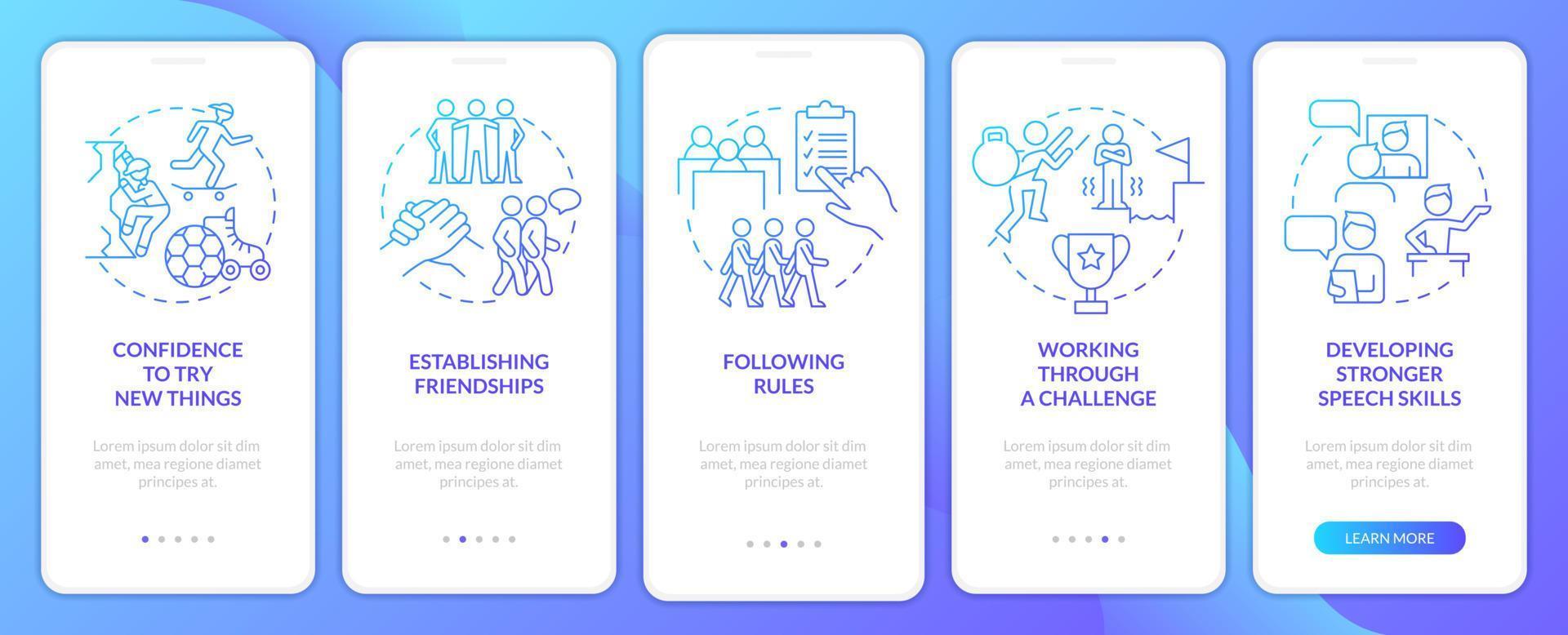 Healthy childhood development blue gradient onboarding mobile app screen. Walkthrough 5 steps graphic instructions pages with linear concepts. UI, UX, GUI template. vector