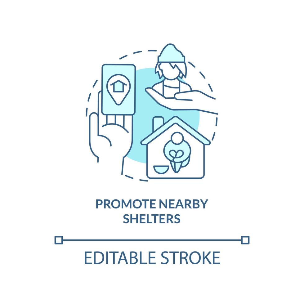 Promote nearby shelters turquoise concept icon. Temporary accommodation abstract idea thin line illustration. Isolated outline drawing. Editable stroke. vector