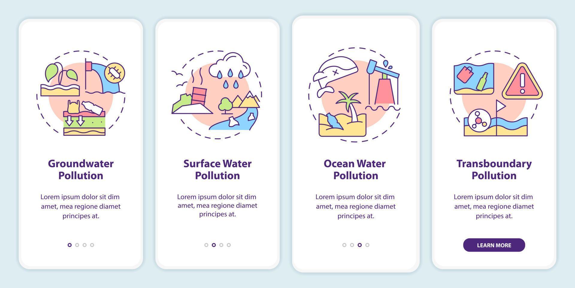 categorías de contaminación del agua que incorporan la pantalla de la aplicación móvil. tutorial de agua subterránea 4 pasos páginas de instrucciones gráficas con conceptos lineales. interfaz de usuario, ux, plantilla de interfaz gráfica de usuario. vector