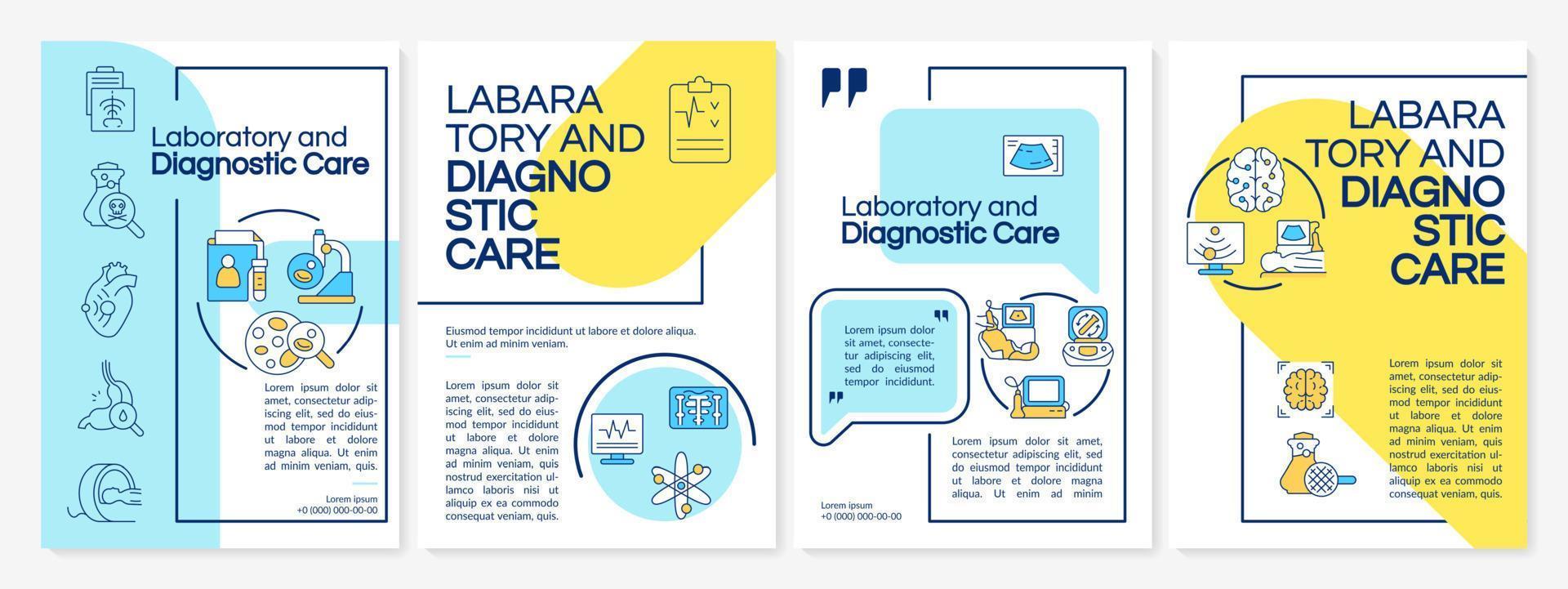 Laboratory and diagnostic care blue and yellow brochure template. Leaflet design with linear icons. 4 vector layouts for presentation, annual reports.