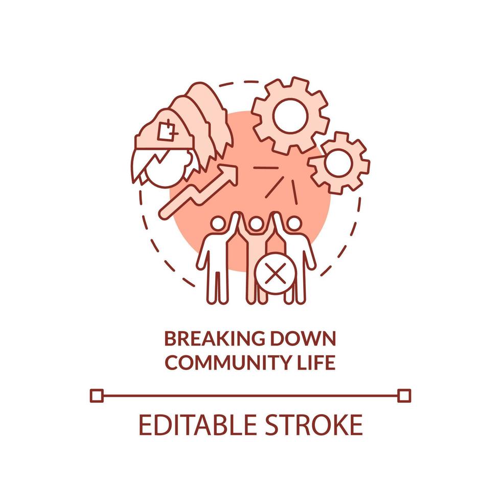 Breaking down community life terracotta concept icon. Destructive problem abstract idea thin line illustration. Isolated outline drawing. Editable stroke. vector