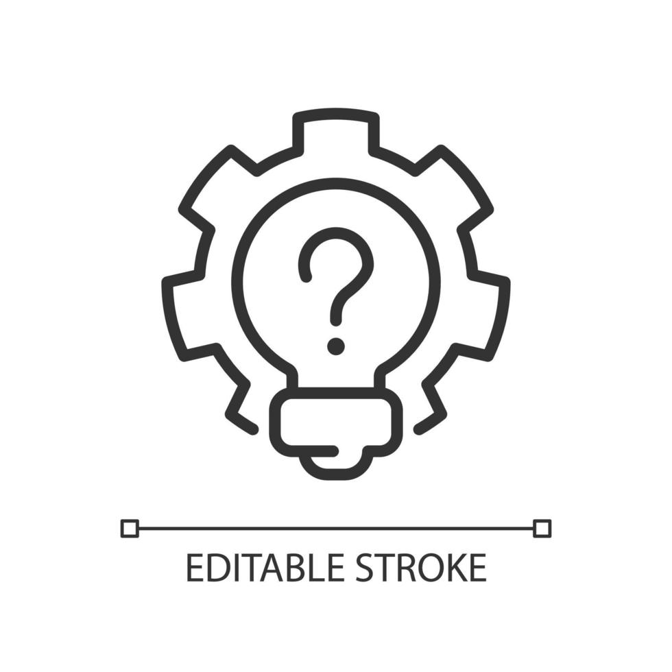 Creative question linear icon. Lightbulb and cogwheel. Invention and innovation idea. Thin line illustration. Contour symbol. Vector outline drawing. Editable stroke.