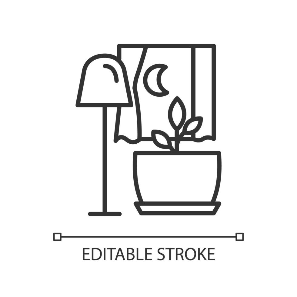 Darkness for houseplant growth linear icon. Better plant metabolism at night. Potted flower care. Thin line illustration. Contour symbol. Vector outline drawing. Editable stroke.