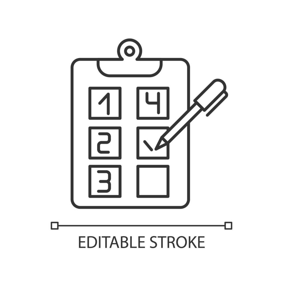 Plan adherence linear icon. Building goals. Business strategy and project. Objectives checklist. Thin line illustration. Contour symbol. Vector outline drawing. Editable stroke.