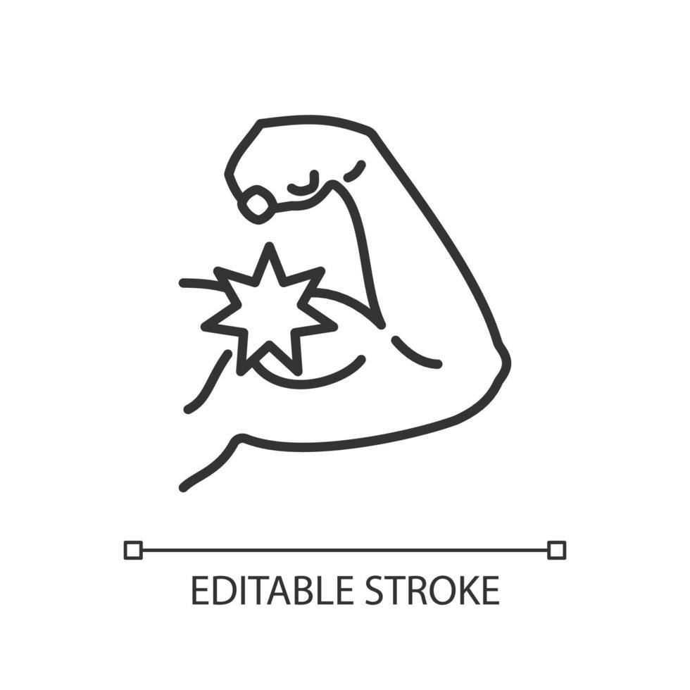 Soft tissue sarcoma linear icon. Malignant tumor. Symptoms and treatment. Muscles swelling and cancer. Thin line illustration. Contour symbol. Vector outline drawing. Editable stroke.