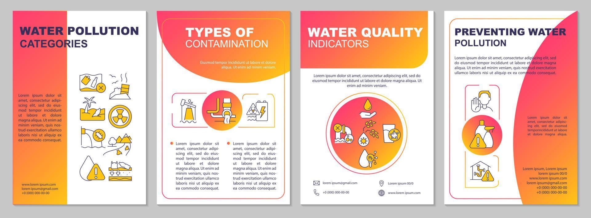 Water pollution classification red gradient brochure template. Prevention. Leaflet design with linear icons. 4 vector layouts for presentation, annual reports.