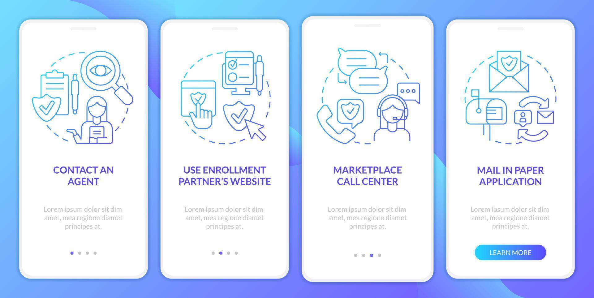 Applying for insurance ways blue gradient onboarding mobile app screen. Walkthrough 4 steps graphic instructions pages with linear concepts. UI, UX, GUI template. vector