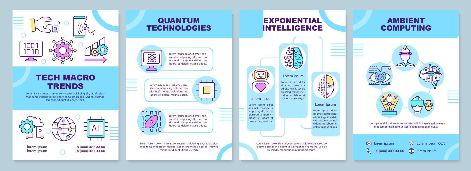 Technology trends blue brochure template. Tech development. Leaflet design with linear icons. 4 vector layouts for presentation, annual reports.