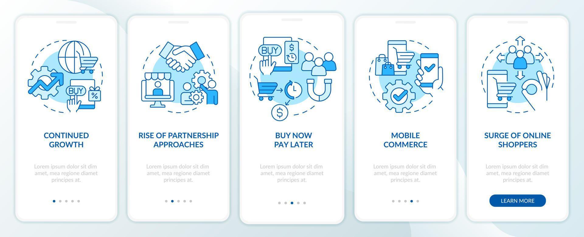 Retail strategy trends blue onboarding mobile app screen. Trade tendency walkthrough 5 steps graphic instructions pages with linear concepts. UI, UX, GUI template. vector