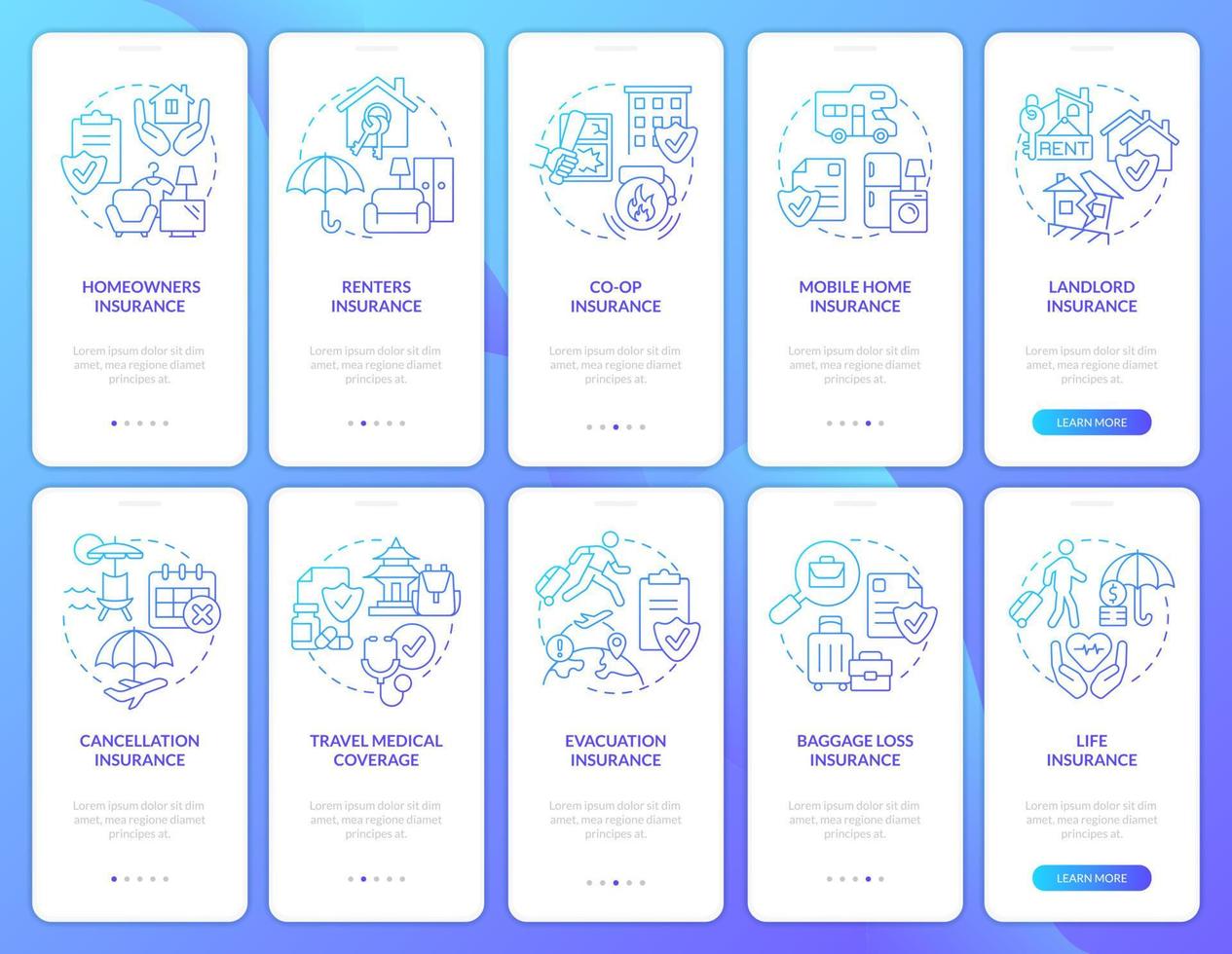 Conjunto de pantalla de aplicación móvil de incorporación de degradado azul de seguro. tutorial de cobertura 5 pasos páginas de instrucciones gráficas con conceptos lineales. interfaz de usuario, ux, plantilla de interfaz gráfica de usuario. vector