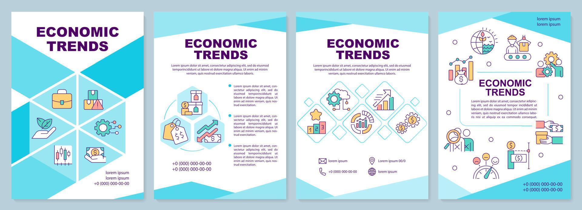 Economic trends blue brochure template. Business processes. Leaflet design with linear icons. 4 vector layouts for presentation, annual reports.