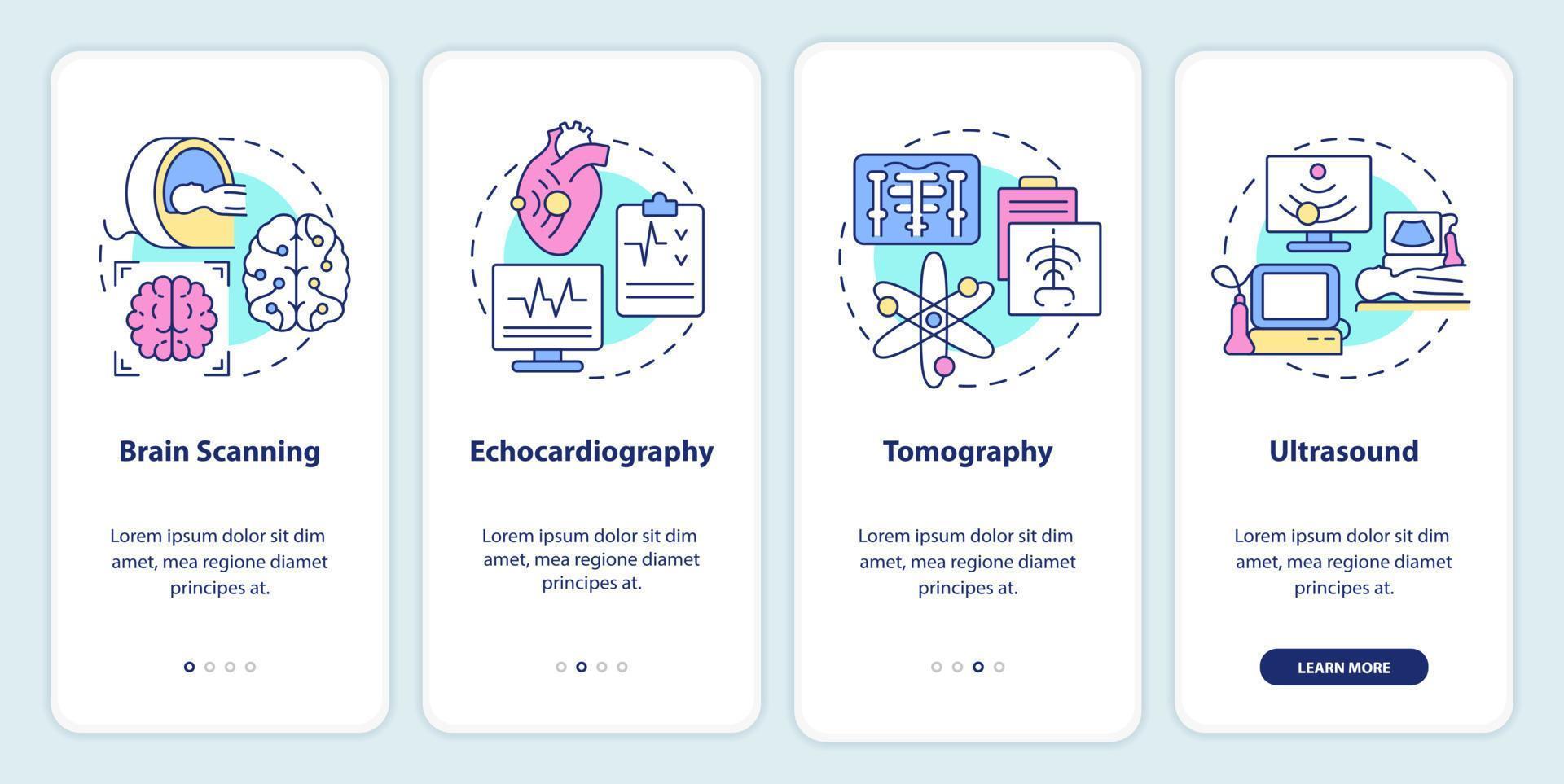 Diagnostic imaging onboarding mobile app screen. Medical research walkthrough 4 steps graphic instructions pages with linear concepts. UI, UX, GUI template. vector