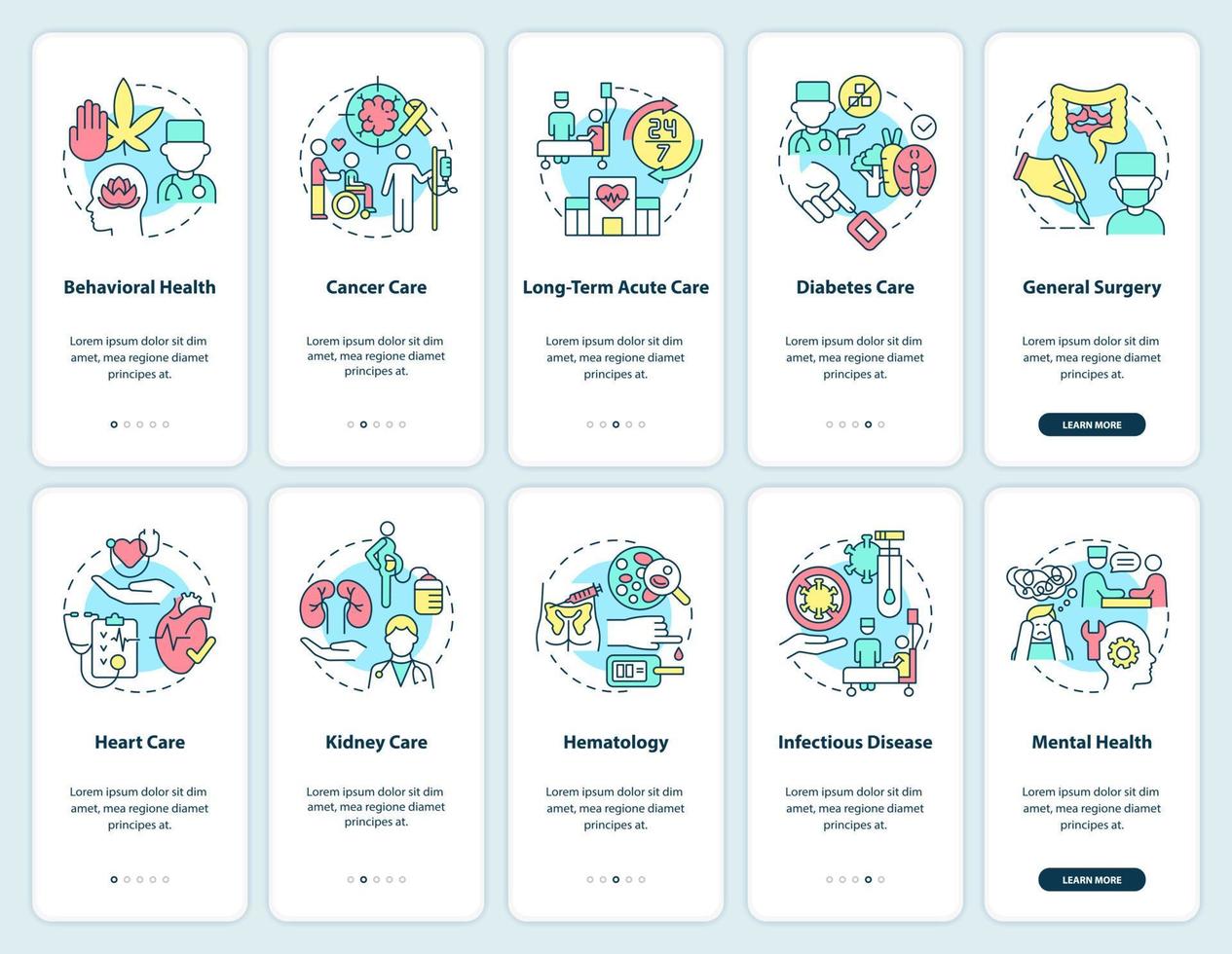 Medical center services onboarding mobile app screen set. Healthcare walkthrough 5 steps graphic instructions pages with linear concepts. UI, UX, GUI template. vector
