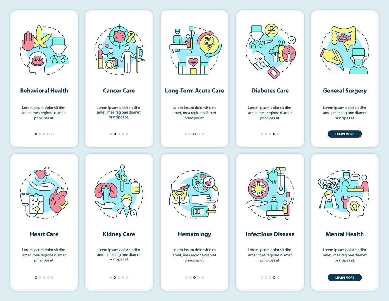 conjunto de pantalla de aplicación móvil de incorporación de servicios de centro médico. tutorial de atención médica páginas de instrucciones gráficas de 5 pasos con conceptos lineales. interfaz de usuario, ux, plantilla de interfaz gráfica de usuario. vector