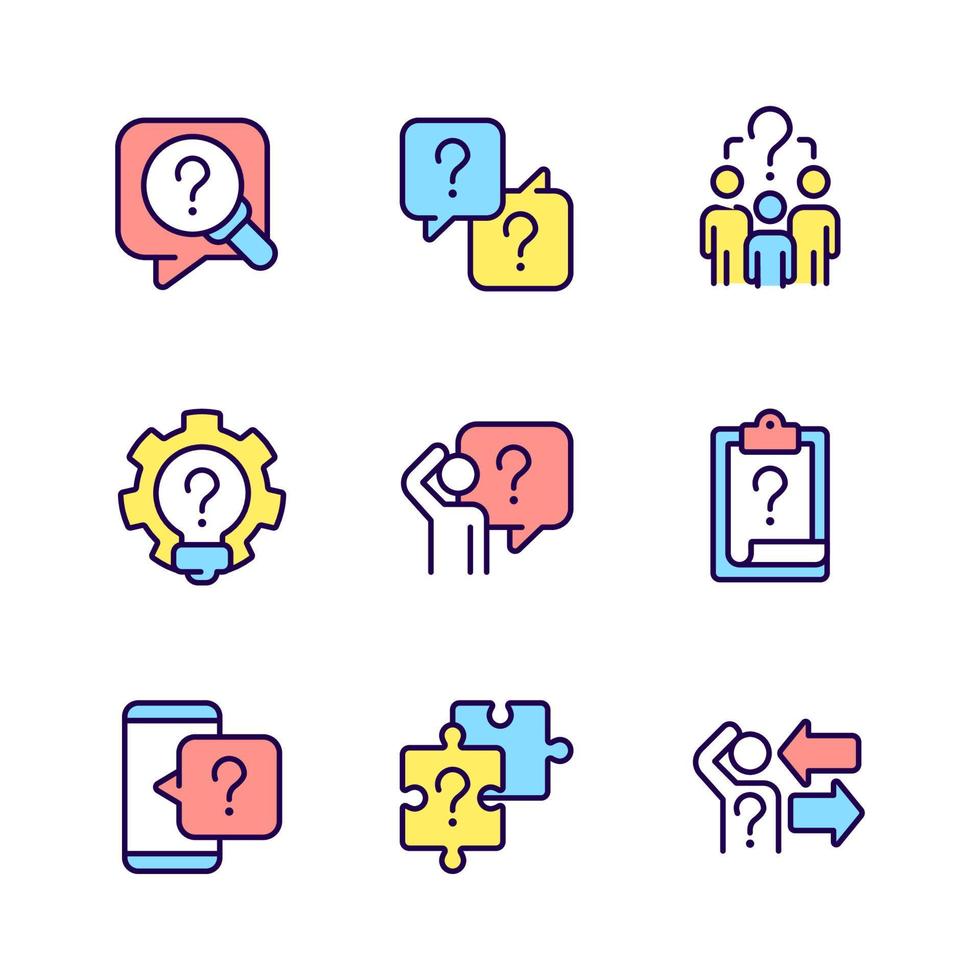 Solving different questions RGB color icons set. Looking for answers and information support. Isolated vector illustrations. Simple filled line drawings collection. Editable stroke
