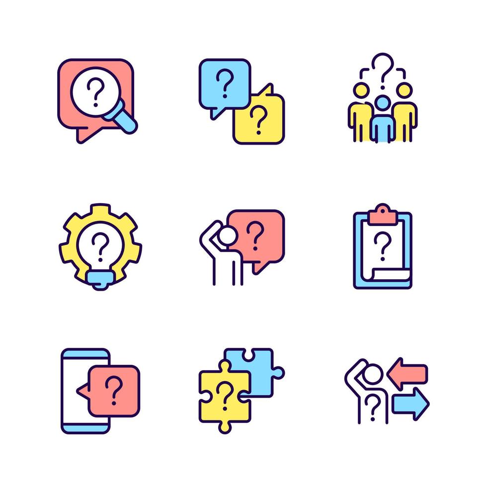 Solving different questions RGB color icons set. Looking for answers and information support. Isolated vector illustrations. Simple filled line drawings collection. Editable stroke