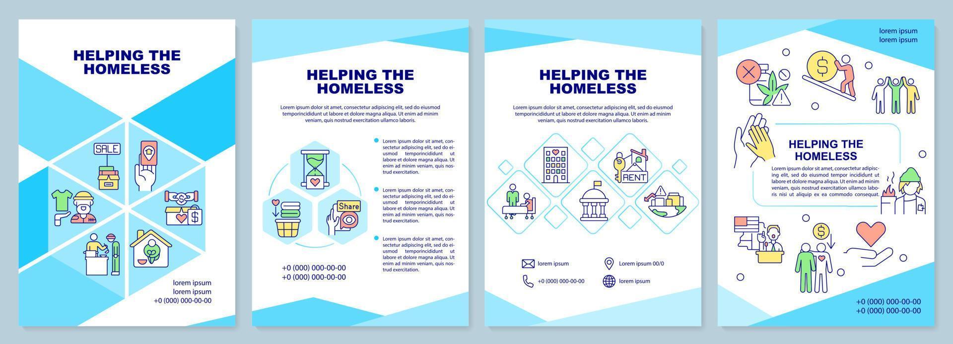 Helping homeless people turquoise brochure template. Supportive program. Leaflet design with linear icons. 4 vector layouts for presentation, annual reports.