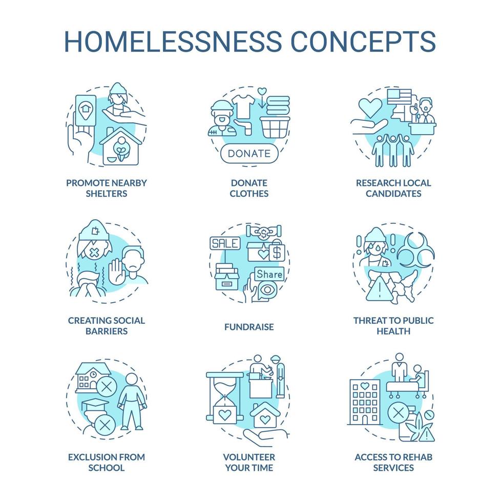 Homelessness turquoise concept icons set. Social barriers idea thin line color illustrations. Promote nearby shelters. Isolated symbols. Editable stroke. vector