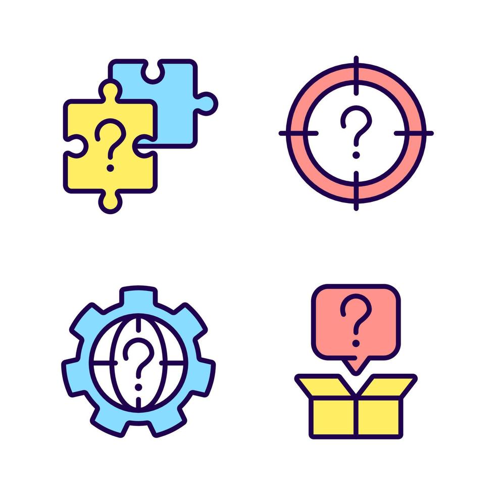 Searching of new problem solutions RGB color icons set. Question marks usage. Alternative answers. Isolated vector illustrations. Simple filled line drawings collection. Editable stroke