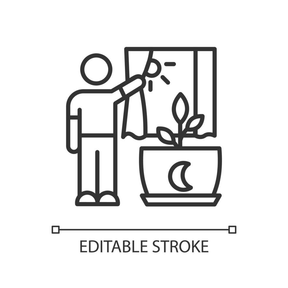 Direct sunlight linear icon. Indoor houseplant care. Daylight for plants. Indoor plants correct light. Thin line illustration. Contour symbol. Vector outline drawing. Editable stroke.