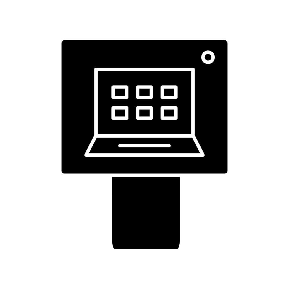 ATM black glyph icon. Automated teller machine. Telecommunications technology. Banking operations device. Silhouette symbol on white space. Solid pictogram. Vector isolated illustration